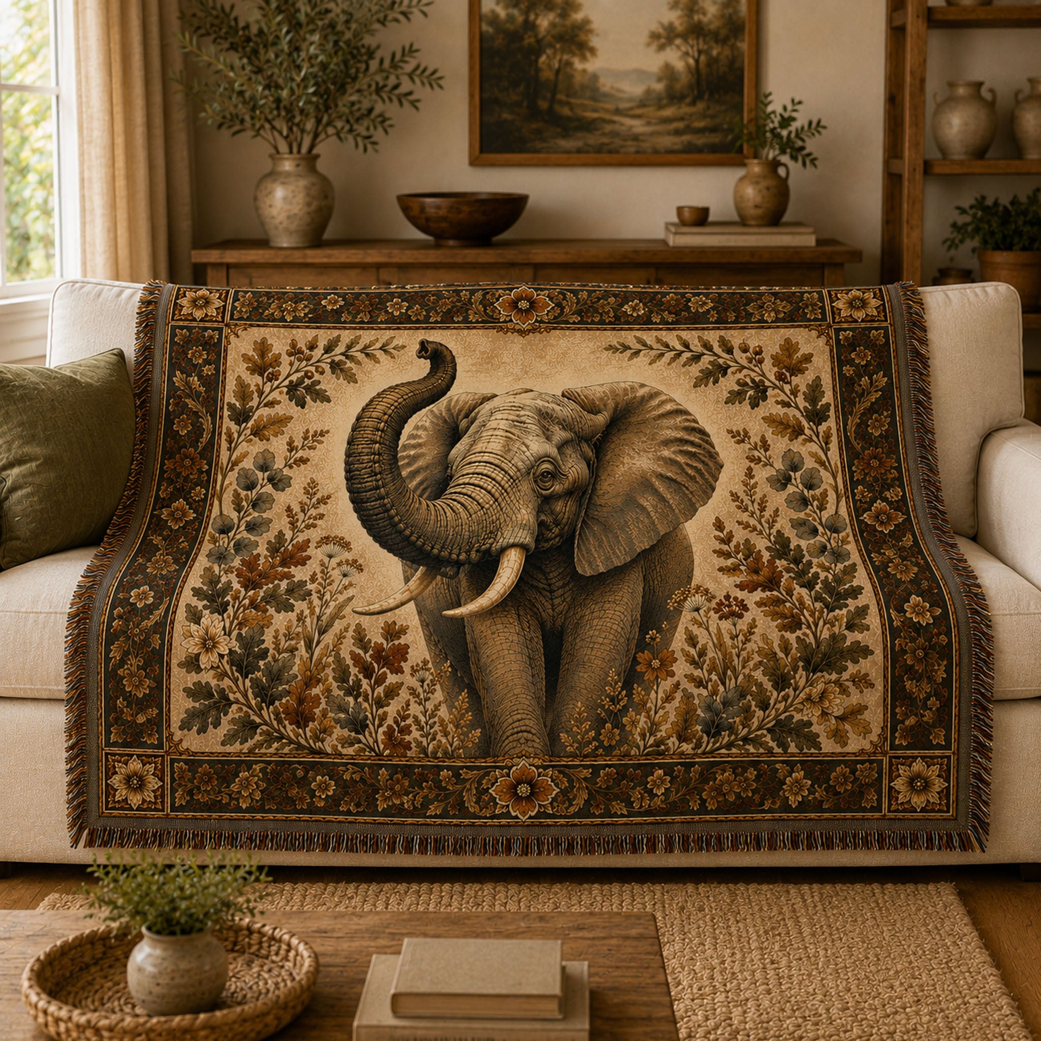 Majestic Elephant Heritage Woven Blanket